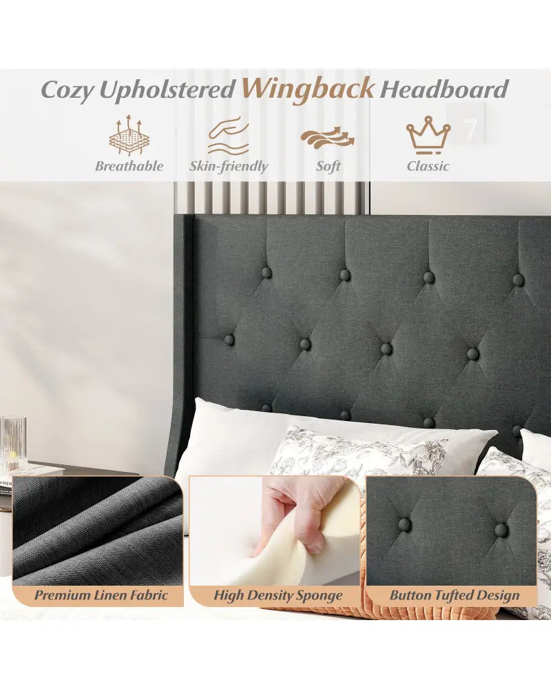 Queen Size Upholstered Bed Frame with Button Tufted Wingback Headboard and Wooden Slats Support Mattress