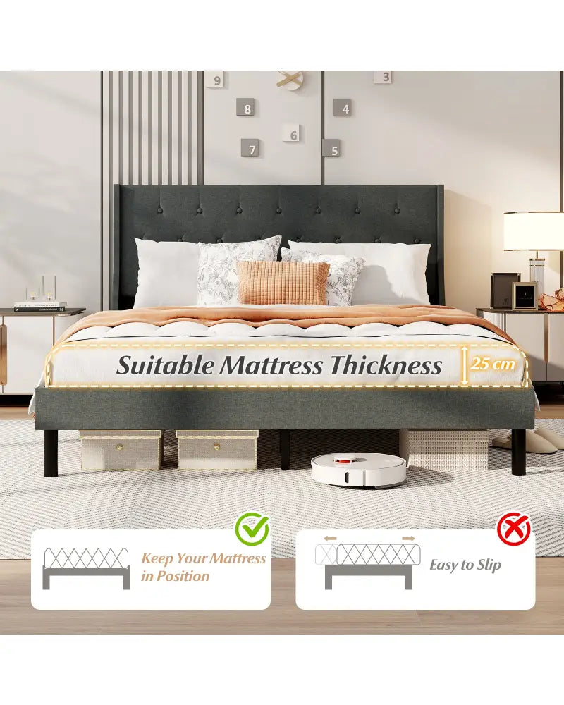 Queen Size Upholstered Bed Frame with Button Tufted Wingback Headboard and Wooden Slats Support Mattress
