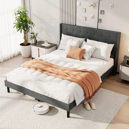 Queen Size Upholstered Bed Frame with Button Tufted Wingback Headboard and Wooden Slats Support Mattress