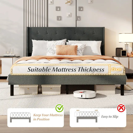 Queen Size Upholstered Bed Frame with Button Tufted Wingback Headboard and Wooden Slats Support Mattress