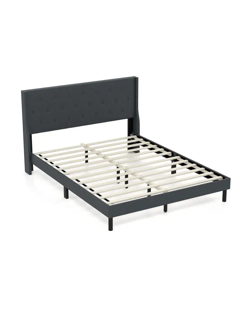 Queen Size Upholstered Bed Frame with Button Tufted Wingback Headboard and Wooden Slats Support Mattress