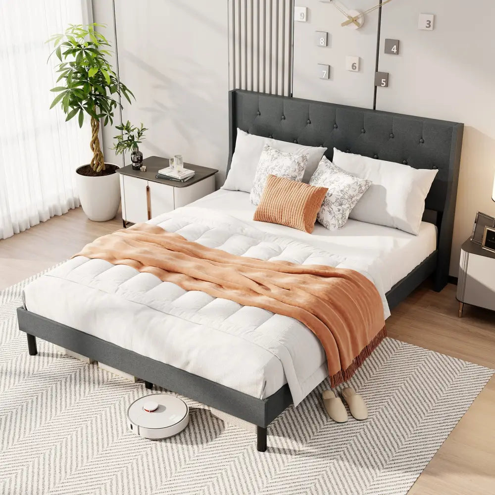 Queen Size Upholstered Bed Frame with Button Tufted Wingback Headboard and Wooden Slats Support Mattress