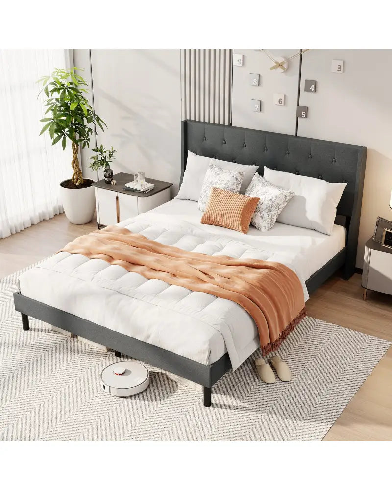 Queen Size Upholstered Bed Frame with Button Tufted Wingback Headboard and Wooden Slats Support Mattress