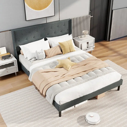 Queen Size Upholstered Bed Frame with Button Tufted Wingback Headboard and Wooden Slats Support Mattress
