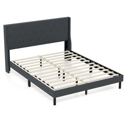 Queen Size Upholstered Bed Frame with Button Tufted Wingback Headboard and Wooden Slats Support Mattress