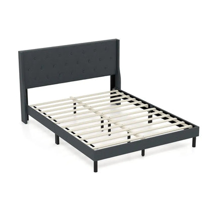 Queen Size Upholstered Bed Frame with Button Tufted Wingback Headboard and Wooden Slats Support Mattress