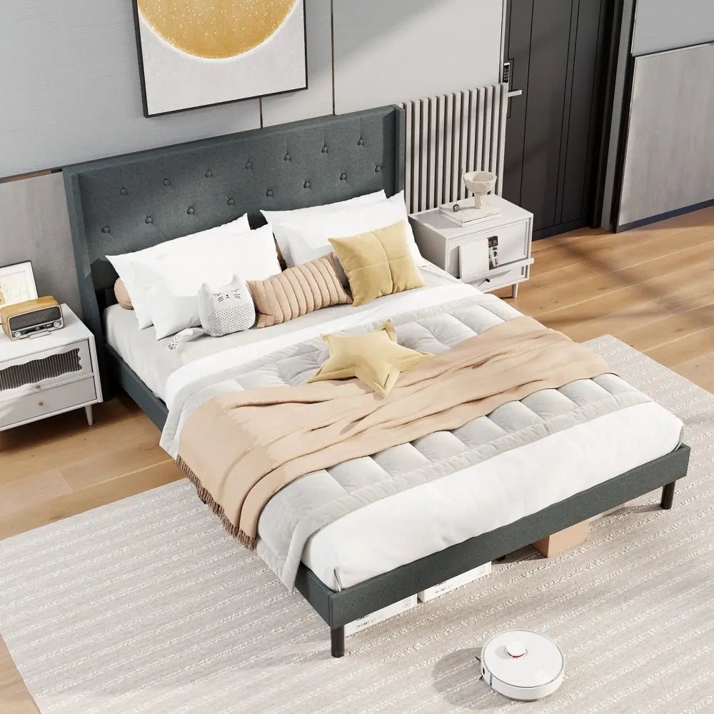 Queen Size Upholstered Bed Frame with Button Tufted Wingback Headboard and Wooden Slats Support Mattress