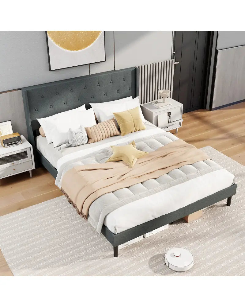Queen Size Upholstered Bed Frame with Button Tufted Wingback Headboard and Wooden Slats Support Mattress