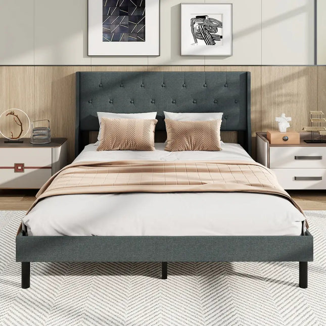 Queen Size Upholstered Bed Frame with Button Tufted Wingback Headboard and Wooden Slats Support Mattress