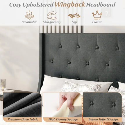Queen Size Upholstered Bed Frame with Button Tufted Wingback Headboard and Wooden Slats Support Mattress