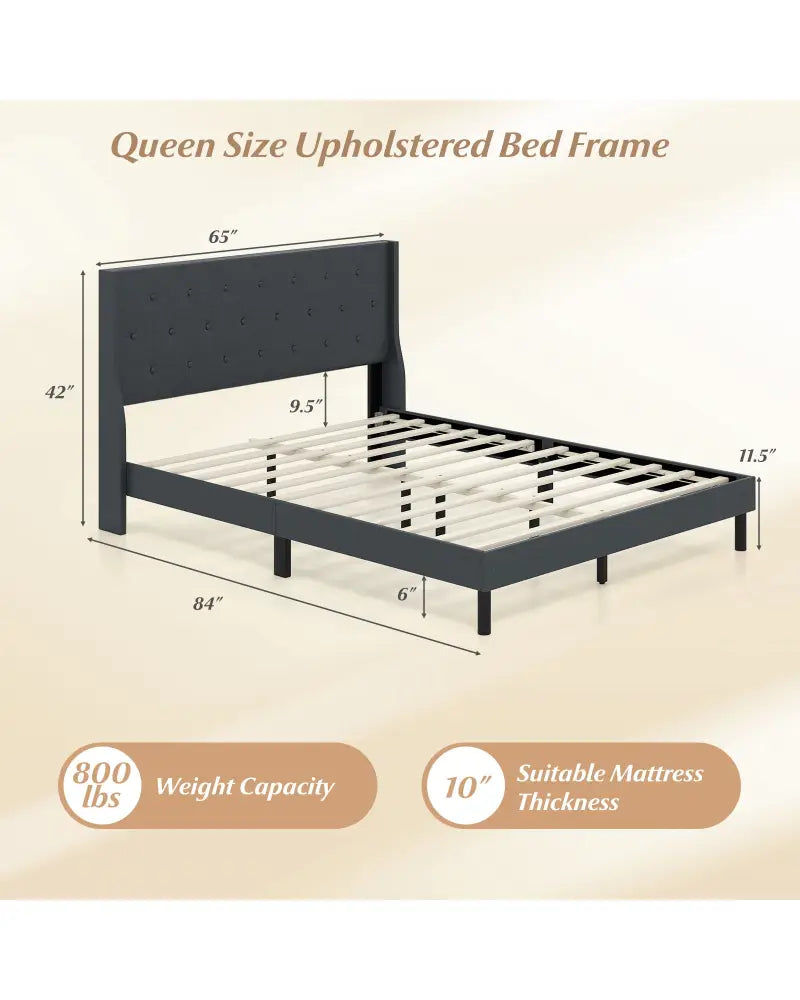 Queen Size Upholstered Bed Frame with Button Tufted Wingback Headboard and Wooden Slats Support Mattress