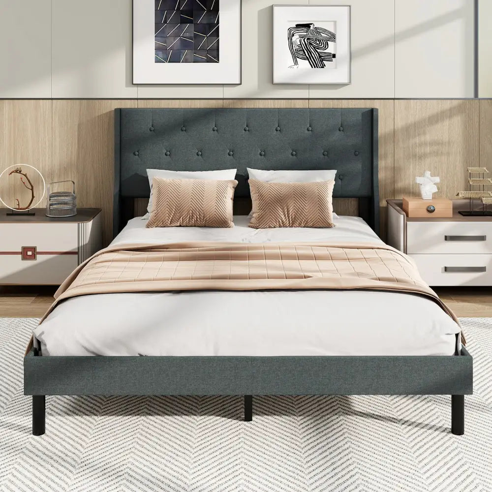 Queen Size Upholstered Bed Frame with Button Tufted Wingback Headboard and Wooden Slats Support Mattress
