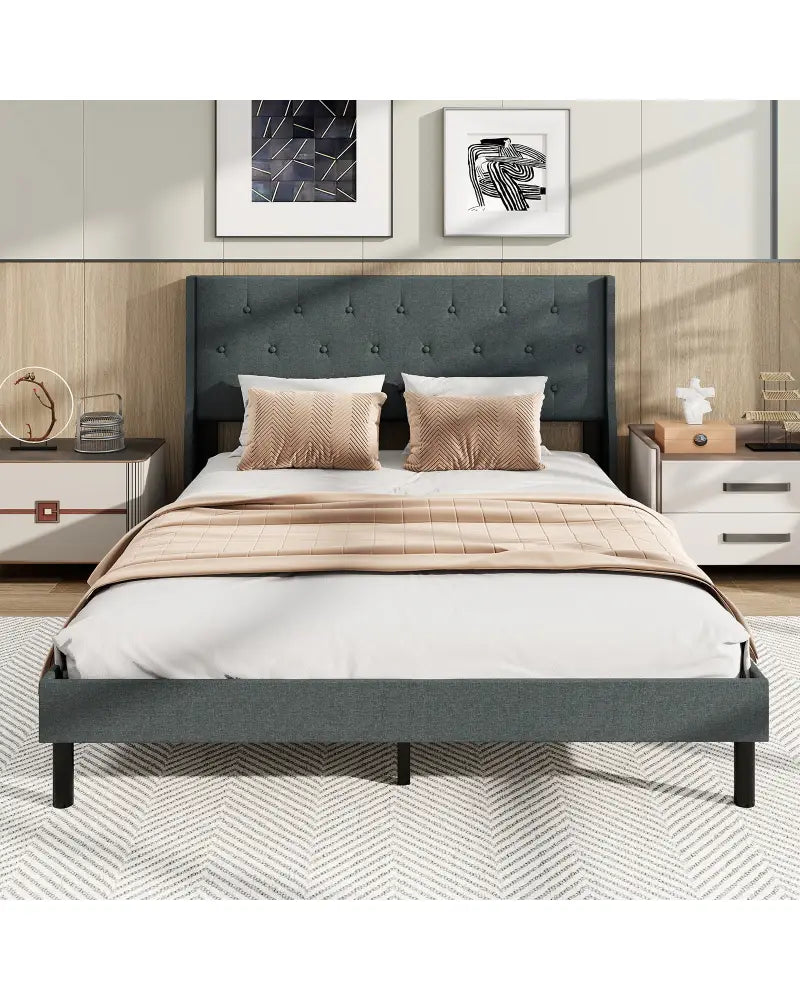 Queen Size Upholstered Bed Frame with Button Tufted Wingback Headboard and Wooden Slats Support Mattress