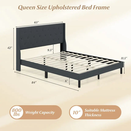 Queen Size Upholstered Bed Frame with Button Tufted Wingback Headboard and Wooden Slats Support Mattress