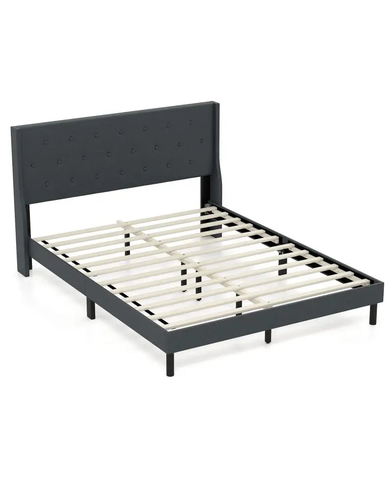 Queen Size Upholstered Bed Frame with Button Tufted Wingback Headboard and Wooden Slats Support Mattress