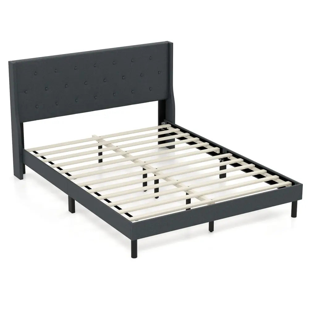 Queen Size Upholstered Bed Frame with Button Tufted Wingback Headboard and Wooden Slats Support Mattress