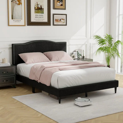 Queen Size Upholstered Bed Frame with Nailhead Trim Headboard-Queen Size - Black - Simple Bed Frame