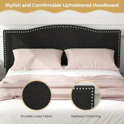 Queen Size Upholstered Bed Frame with Nailhead Trim Headboard-Queen Size - Black - Simple Bed Frame