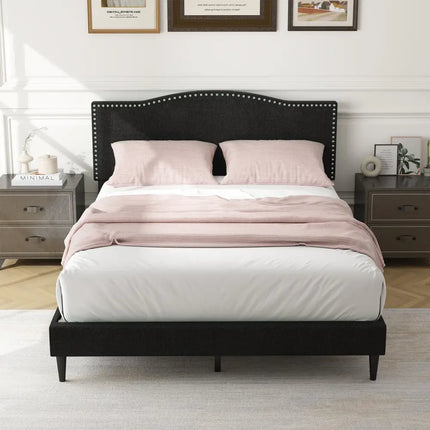 Queen Size Upholstered Bed Frame with Nailhead Trim Headboard-Queen Size - Black - Simple Bed Frame
