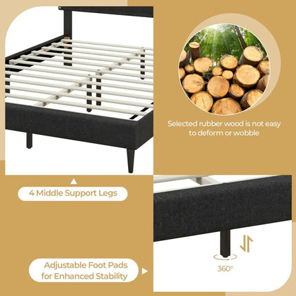 Queen Size Upholstered Bed Frame with Nailhead Trim Headboard-Queen Size - Black - Simple Bed Frame