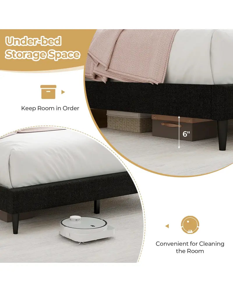 Queen Size Upholstered Bed Frame with Nailhead Trim Headboard-Queen Size - Black - Simple Bed Frame