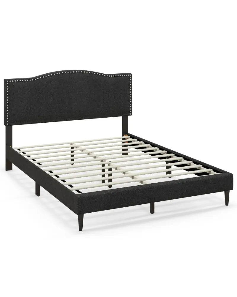 Queen Size Upholstered Bed Frame with Nailhead Trim Headboard-Queen Size - Black - Simple Bed Frame