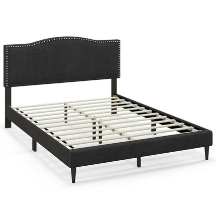 Queen Size Upholstered Bed Frame with Nailhead Trim Headboard-Queen Size - Black - Simple Bed Frame