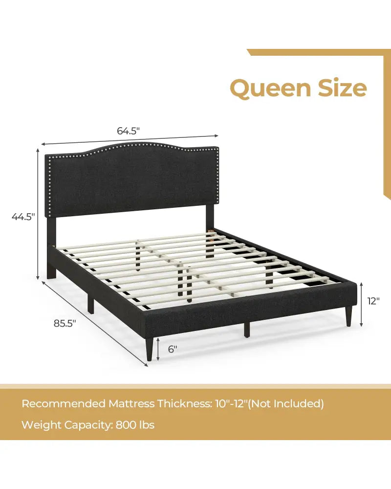 Queen Size Upholstered Bed Frame with Nailhead Trim Headboard-Queen Size - Black - Simple Bed Frame