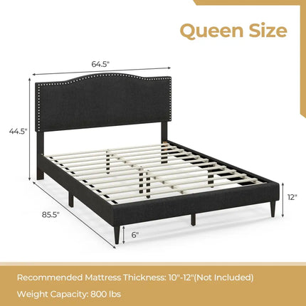 Queen Size Upholstered Bed Frame with Nailhead Trim Headboard-Queen Size - Black - Simple Bed Frame