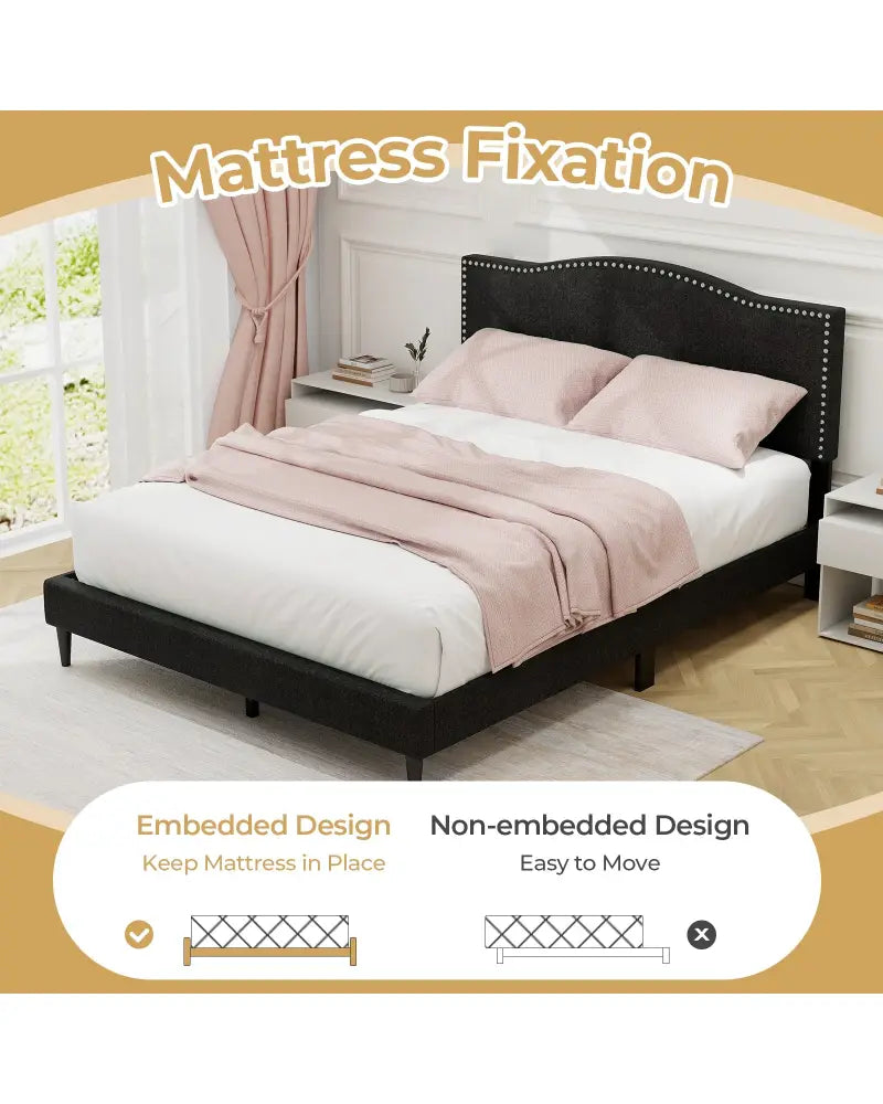 Queen Size Upholstered Bed Frame with Nailhead Trim Headboard-Queen Size - Black - Simple Bed Frame