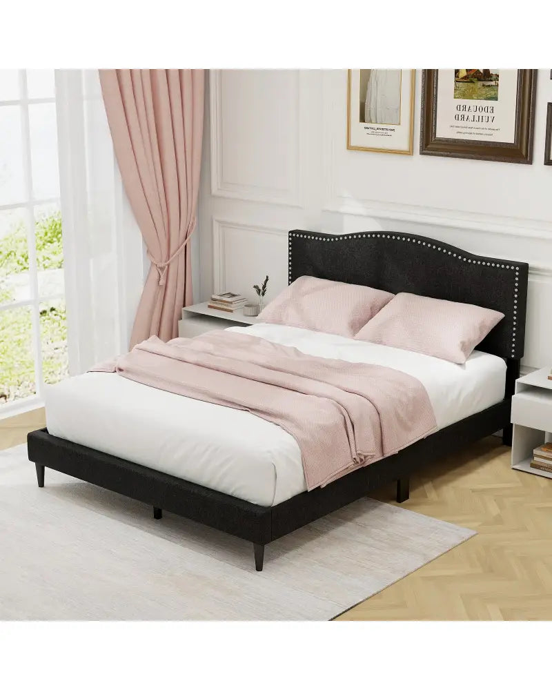 Queen Size Upholstered Bed Frame with Nailhead Trim Headboard-Queen Size - Black - Simple Bed Frame