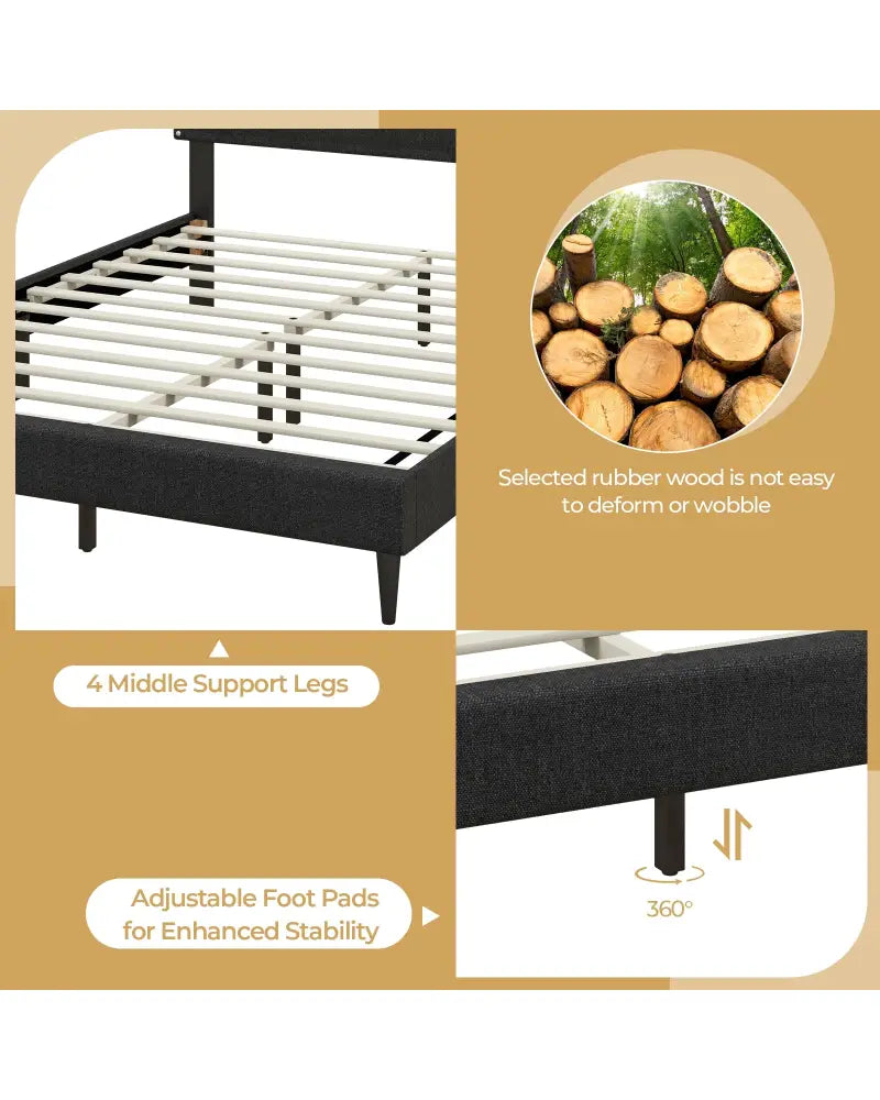 Queen Size Upholstered Bed Frame with Nailhead Trim Headboard-Queen Size - Black - Simple Bed Frame