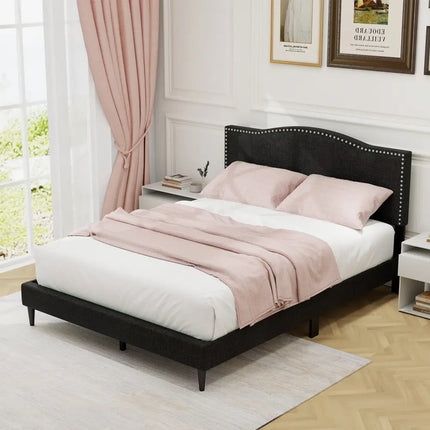 Queen Size Upholstered Bed Frame with Nailhead Trim Headboard-Queen Size - Black - Simple Bed Frame