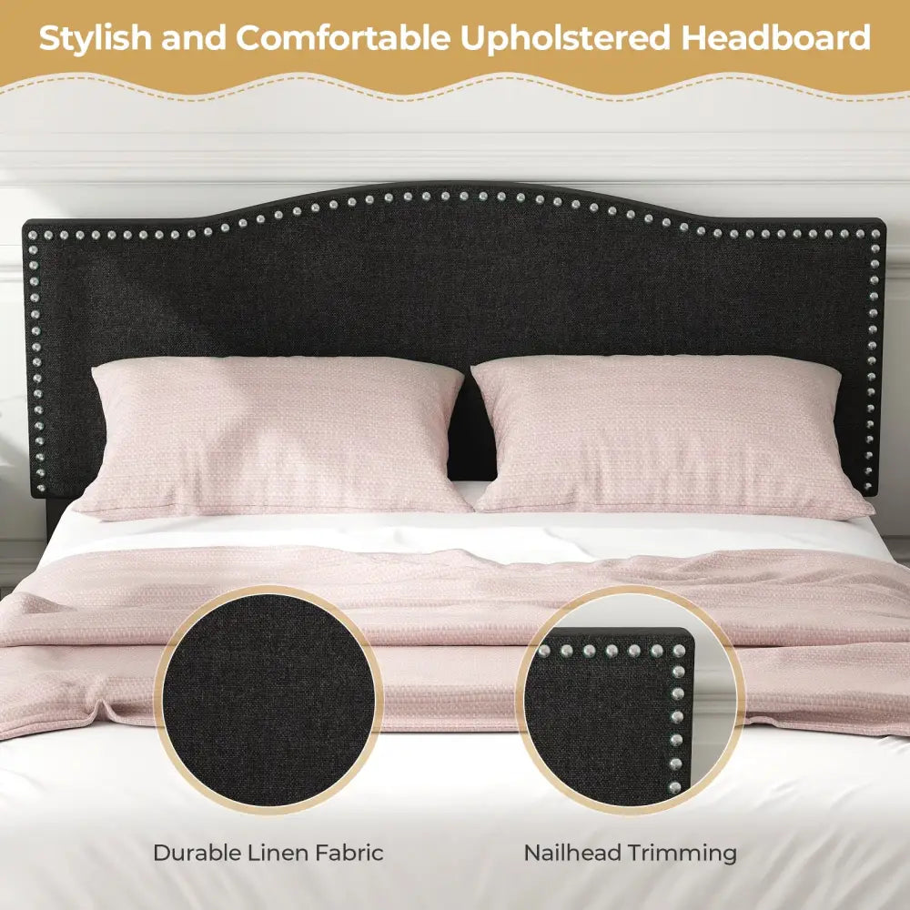 Queen Size Upholstered Bed Frame with Nailhead Trim Headboard-Queen Size - Black - Simple Bed Frame