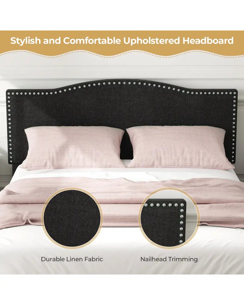 Queen Size Upholstered Bed Frame with Nailhead Trim Headboard-Queen Size - Black - Simple Bed Frame