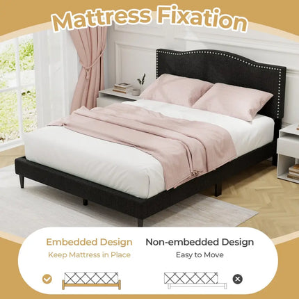 Queen Size Upholstered Bed Frame with Nailhead Trim Headboard-Queen Size - Black - Simple Bed Frame
