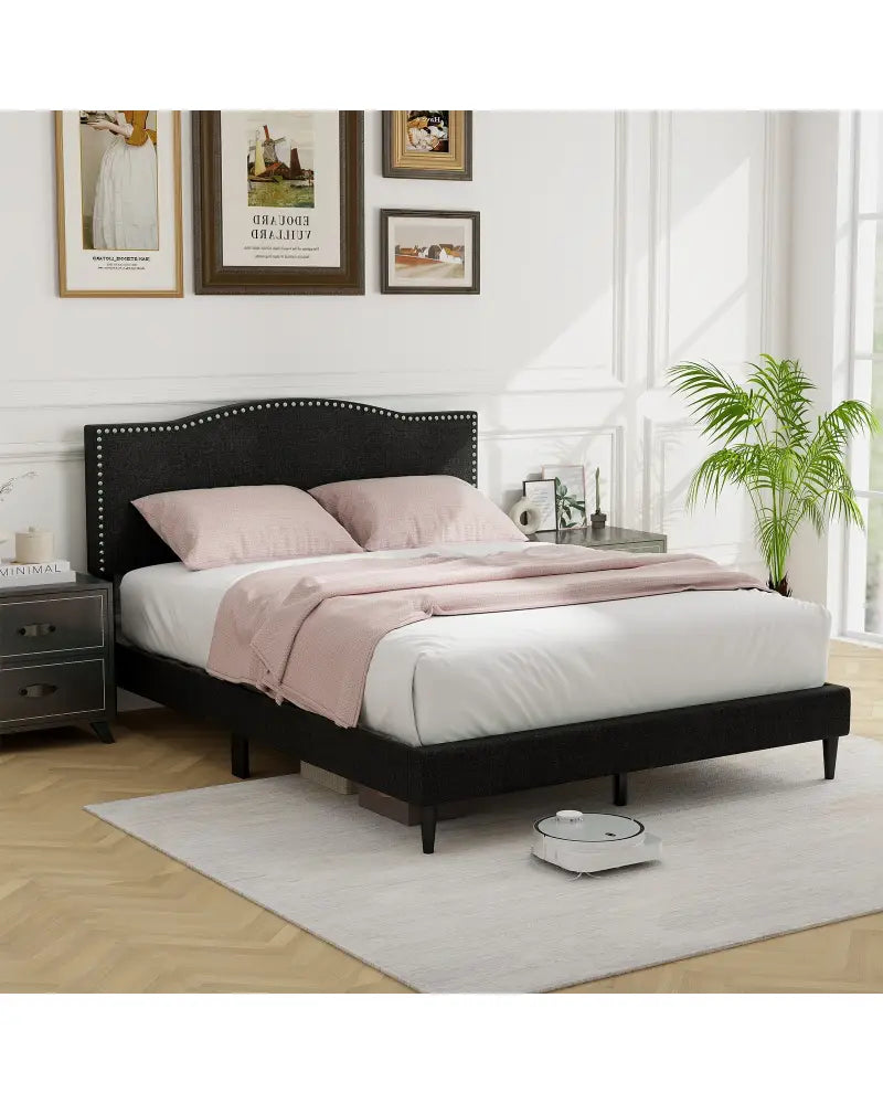 Queen Size Upholstered Bed Frame with Nailhead Trim Headboard-Queen Size - Black - Simple Bed Frame
