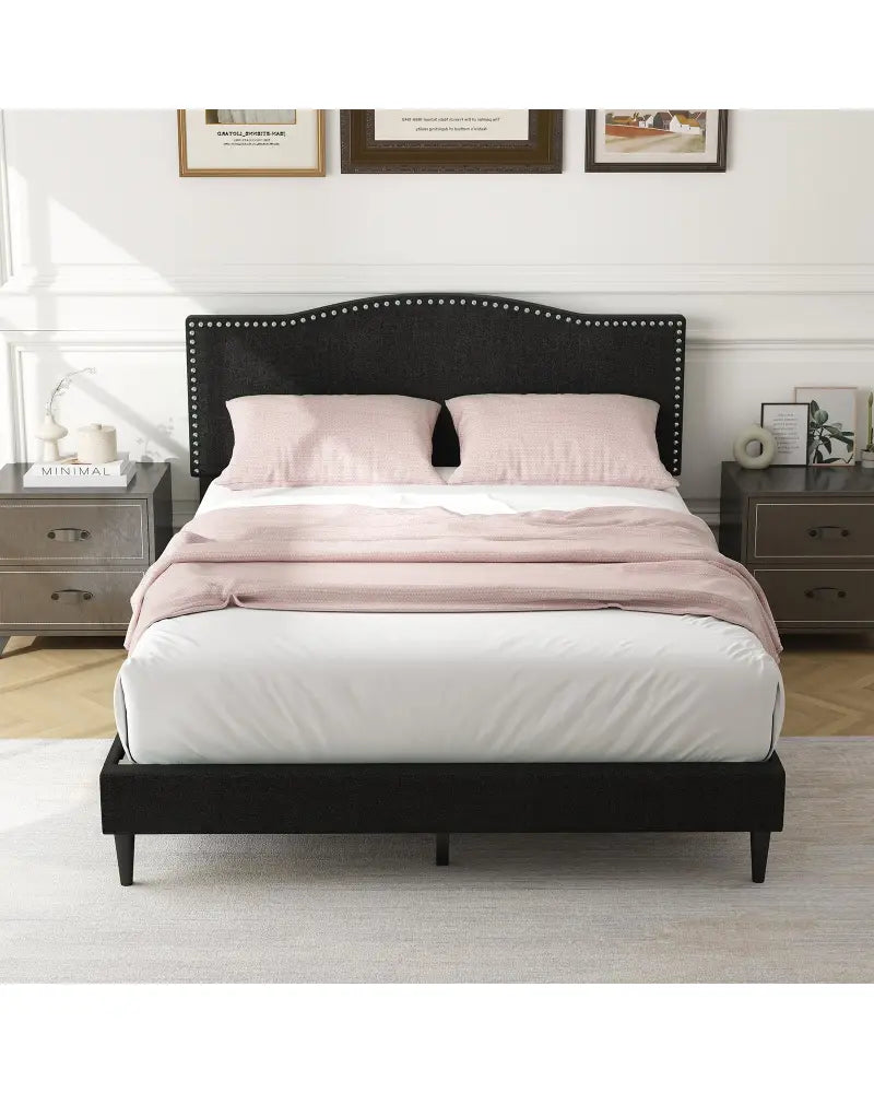 Queen Size Upholstered Bed Frame with Nailhead Trim Headboard-Queen Size - Black - Simple Bed Frame