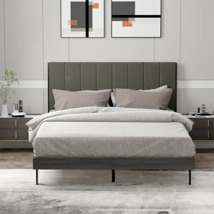 Queen Size Upholstered Bed Frame with Tufted Headboard - Gray - Simple Bed Frame