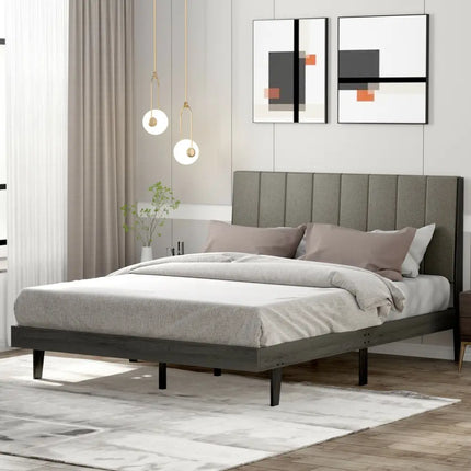 Queen Size Upholstered Bed Frame with Tufted Headboard - Gray - Simple Bed Frame