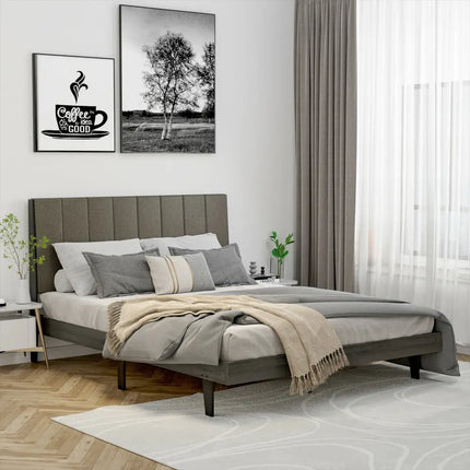 Queen Size Upholstered Bed Frame with Tufted Headboard - Gray - Simple Bed Frame