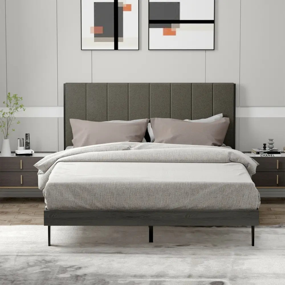 Queen Size Upholstered Bed Frame with Tufted Headboard - Gray - Simple Bed Frame