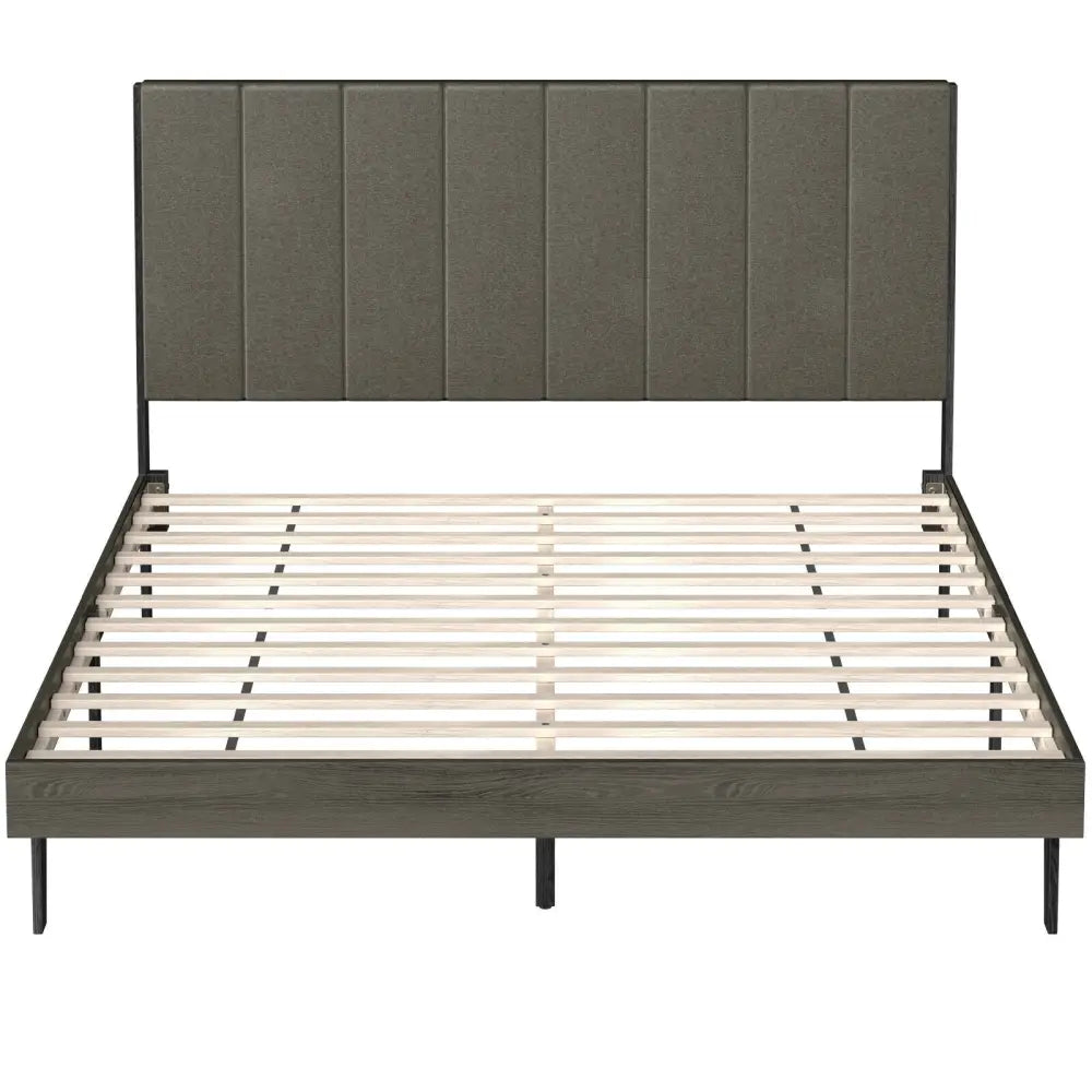 Queen Size Upholstered Bed Frame with Tufted Headboard - Gray - Simple Bed Frame