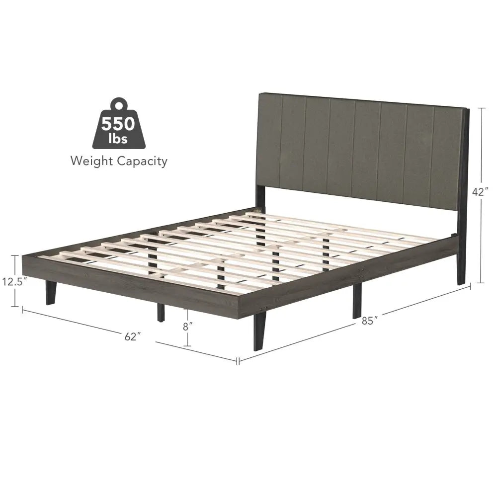Queen Size Upholstered Bed Frame with Tufted Headboard - Gray - Simple Bed Frame