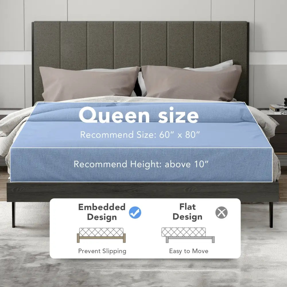 Queen Size Upholstered Bed Frame with Tufted Headboard - Gray - Simple Bed Frame