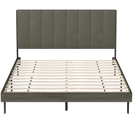 Queen Size Upholstered Bed Frame with Tufted Headboard - Gray - Simple Bed Frame
