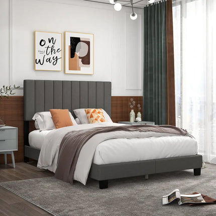 Queen Size Upholstered Bed Frame with Vertical Channel Tufted Headboard Gray - Gray - Simple Bed Frame