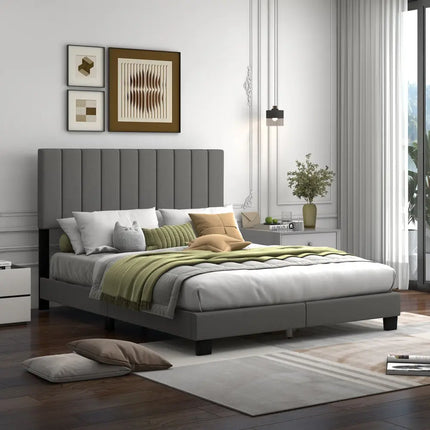 Queen Size Upholstered Bed Frame with Vertical Channel Tufted Headboard Gray - Gray - Simple Bed Frame