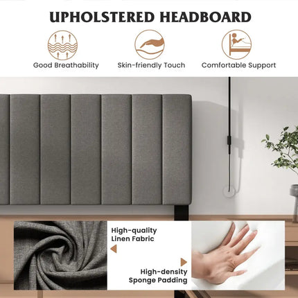 Queen Size Upholstered Bed Frame with Vertical Channel Tufted Headboard Gray - Gray - Simple Bed Frame