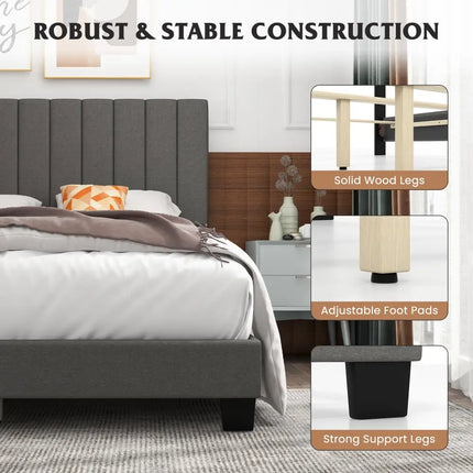 Queen Size Upholstered Bed Frame with Vertical Channel Tufted Headboard Gray - Gray - Simple Bed Frame
